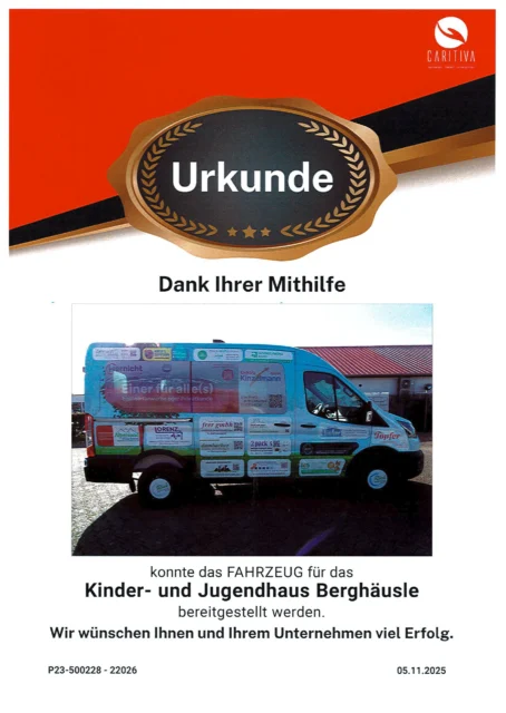 Urkunde Spende Fahrzeug Kinder- und Jugendheim 